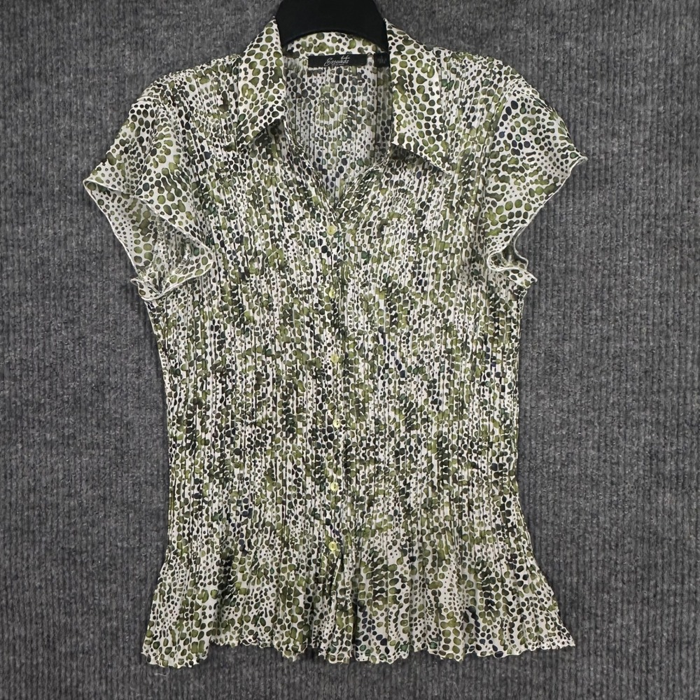 Essentials by Milano Blouse Womens Large Green Dot Pleated Button Up Excellent